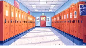 A colorful school hallway with orange lockers and a red exit door, perfect for educational themes.

