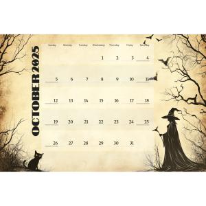 Download this Halloween-themed calendar template, combining spooky elements and functionality to plan your month with festive flair.