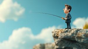 A cartoon character in a suit fishing on a rocky cliff under a blue sky.

