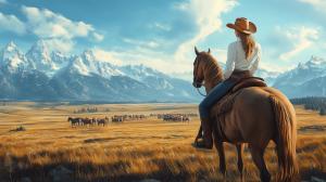 A woman on horseback overlooks a golden landscape with mountains in the background.

