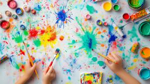 A colorful, artistic scene with paint splatters and brushes, perfect for creative presentations.

