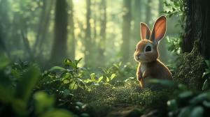 A serene rabbit in a lush forest setting with soft, dappled light.

