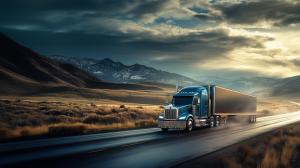 A blue semi-truck driving on a winding road through rolling hills under a dramatic sky.

