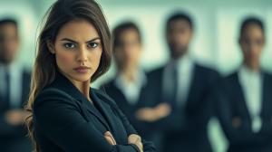 A determined businesswoman stands confidently in front of blurred colleagues.

