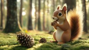 A cute animated squirrel enjoying a pine cone in a sunlit forest setting.

