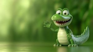 This image features a cheerful cartoon alligator waving in a vibrant green setting. 

