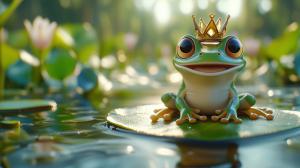 A crowned frog sits on a lily pad in a tranquil pond, surrounded by greenery and water lilies.

