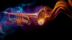 A vibrant trumpet surrounded by colorful smoke against a dark background.

