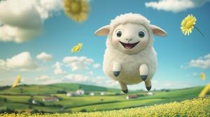 A cheerful cartoon sheep leaps in a sunny landscape filled with flowers and blue skies.

