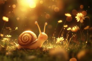 Snail in a sunlit flower garden, radiating warmth and tranquility.

