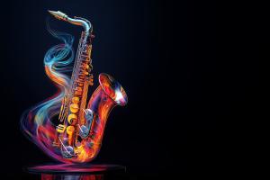 A colorful saxophone with swirling light trails on a black background, symbolizing music and energy.

