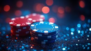 Colorful poker chips stacked with a blurred, vibrant background.

