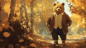 A whimsical bear in autumn attire strolls through a vibrant forest filled with golden leaves.

