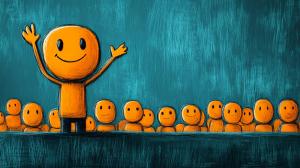 This illustration shows a cheerful orange character engaging with a group of smaller happy characters against a teal background.