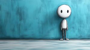 A whimsical character stands against a textured turquoise wall, creating a playful atmosphere.

