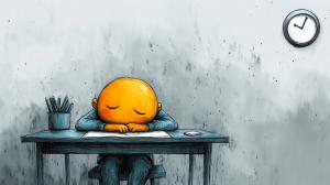 This illustration depicts a tired character resting on a desk, symbolizing fatigue and disengagement.

