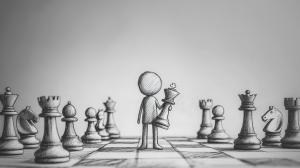 A stick figure holds a king chess piece amidst a sketch-style chessboard.