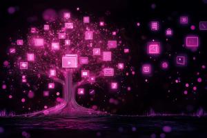 A vibrant pink tree of digital icons against a dark background, symbolizing digital knowledge and connectivity.

