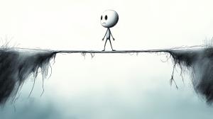 A minimalist illustration of a sad stick figure on a narrow bridge between two cliffs.