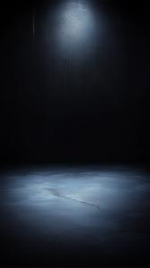 A dark, atmospheric background with a reflective floor and soft overhead lighting.

