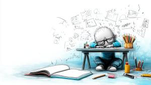 A tired child with glasses rests at a desk surrounded by school supplies and notes. 

