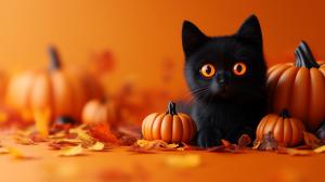 A cute black cat with orange eyes surrounded by pumpkins and autumn leaves on an orange background.