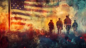 A dramatic image of soldiers silhouetted against the American flag, evoking themes of patriotism and sacrifice.