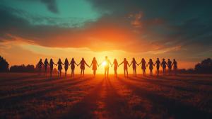A group holding hands in silhouette against a vibrant sunset backdrop.

