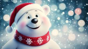 A cheerful cartoon polar bear in a Santa hat and scarf against a snowy background.