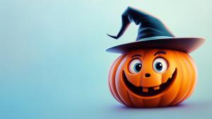 A cheerful cartoon pumpkin with a witch&#039;s hat on a light blue background, perfect for Halloween-themed presentations. 

