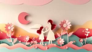 A whimsical paper-cut illustration of a mother and child in a colorful flower-filled landscape.

