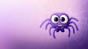 A cute purple spider with big eyes and a bow tie on a gradient background.

