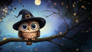 A whimsical owl in a witch&#039;s hat against a starry night background.

