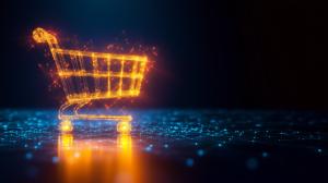 This image showcases a glowing digital shopping cart against a networked blue background.

