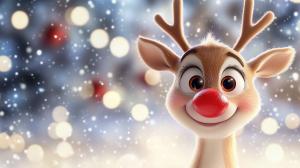 A cheerful cartoon reindeer with a red nose against a snowy, festive background.