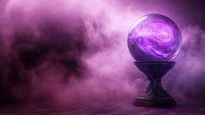 A mystical crystal ball on an ornate pedestal surrounded by purple mist. 


