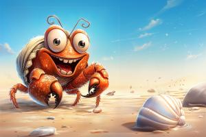 A cheerful cartoon crab on a sunny beach, perfect for engaging presentations. 

