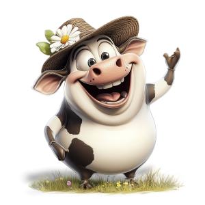 This cartoon cow, wearing a straw hat, joyfully waves while standing on two legs in a grassy setting.