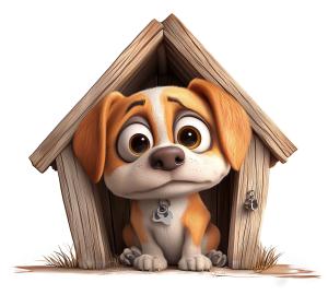 This image features a sad cartoon dog peeking out from its wooden doghouse.