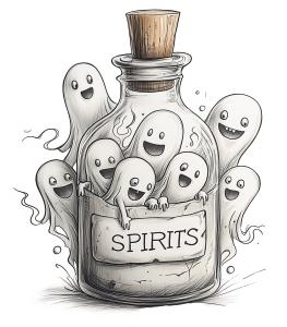 This illustration shows cheerful ghosts escaping from a bottle, embodying a playful Halloween spirit.