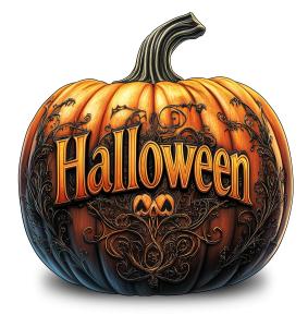 This image showcases an intricately designed Halloween pumpkin with decorative elements and the word &quot;Halloween&quot; prominently displayed.