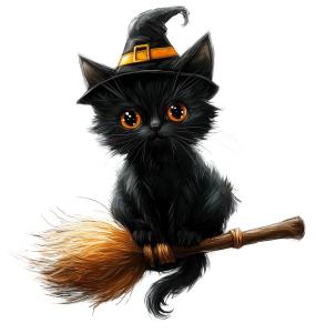 This charming image depicts a cute black cat wearing a witch&#039;s hat, sitting on a broomstick.