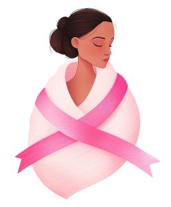 This illustration depicts a woman wrapped in a pink ribbon, symbolizing breast cancer awareness and support.  Download this clipart image now!