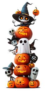This image features a playful stack of Halloween decorations including pumpkins, skeletons, and a ghost.