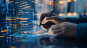 A hand writing on a digital interface filled with binary code in a high-tech setting.

