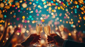 Download a festive toast with champagne glasses against a colorful bokeh background to add to your presentation and media designs.