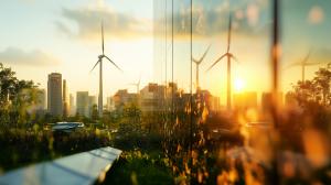 A vibrant sunset cityscape showcasing wind turbines and solar panels amidst modern architecture. 

