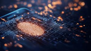 A fingerprint on a circuit board, symbolizing technology and security.

