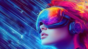 A futuristic image of a person in VR goggles surrounded by colorful light streaks.

