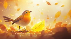 A whimsical bird surrounded by golden autumn leaves in a warm, dreamy setting. 

